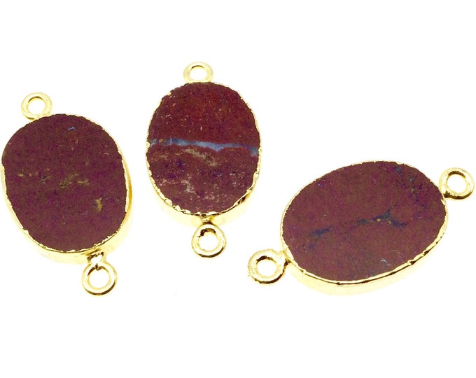 Medium Sized Gold Plated Natural Flat Red Jasper Oval Shape Connector - 18-20mm Long Approx. - Sold Per Each, Selected at Random