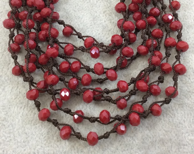 Chinese Crystal Beads | 72" Woven Dark Brown Thread Necklace with 6mm Faceted Glossy Finish Rondelle Shaped Opaque Garnet Red Glass Beads