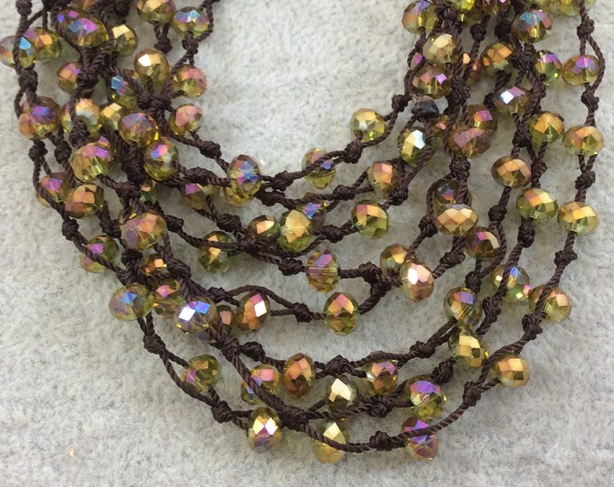 Chinese Crystal Beads | 72" Woven Dark Brown Thread Necklace - 6mm Faceted AB Finish Rondelle Shaped Transparent Bicolor Yellow Glass Beads
