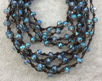 Chinese Crystal Beads | 72" Woven Dark Brown Thread Necklace with 6mm Faceted AB Finish Rondelle Shaped Transparent Light Teal Glass  Beads