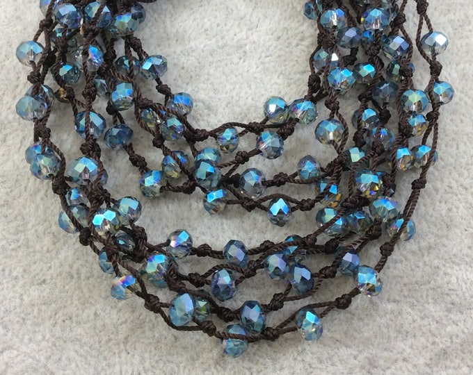 Chinese Crystal Beads | 72" Woven Dark Brown Thread Necklace with 6mm Faceted AB Finish Rondelle Shaped Transparent Light Teal Glass  Beads