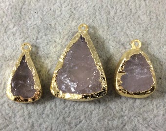 Jeweler's Lot  of Three Gold Electroformed Natural Rough Rose Quartz Freeform Pendants "RQE19"- ~  17mm - 23mm Long - Quality Raw Gemstone
