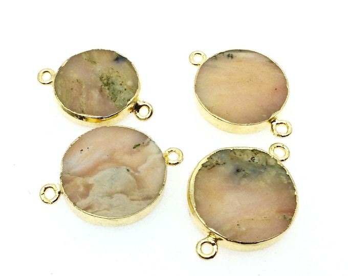 Large Sized Gold Plated Natural Flat Mixed Pink Agate Round Shape Connector - 18-20mm Approx. - Sold Per Each, Selected at Random