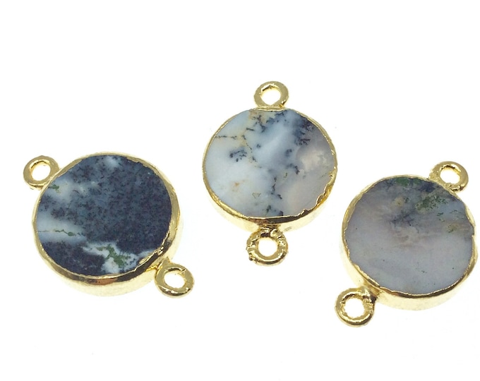 Small Sized Gold Plated Natural Flat Dendritic Opal Round Shaped Connector - 12mm - 15mm  Approx. - Sold Per Each, Selected at Random