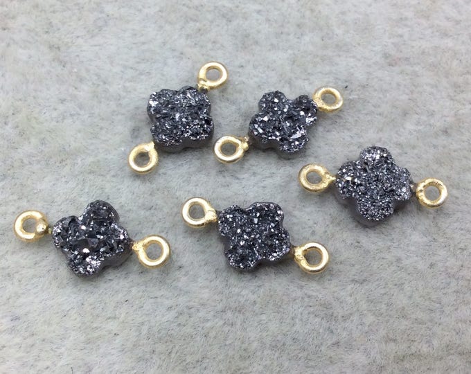 Medium Dark Silver Quatrefoil Shape Natural Druzy Connector W Gold Rings - Measures 7mm x 7mm, Approx. - Sold Individually, Randomly Chosen