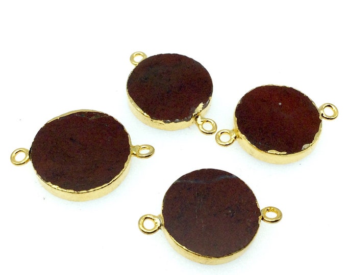 Large Sized Gold Plated Natural Flat Red Jasper Round Shape Connector - 18-20mm Approx. - Sold Per Each, Selected at Random