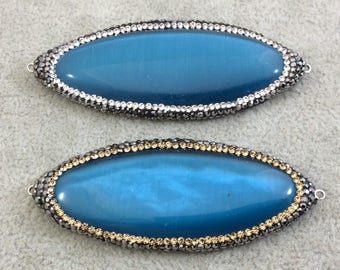 YOU CHOOSE - Pave Rhinestone Blue Cat's Eye Marquise Shaped Connector with White/Gray or Gold/Gray Rhinestones - Measuring 28mm x 69mm