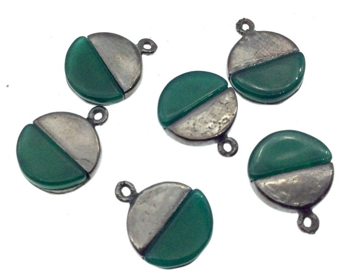 Tiny Gunmetal Finish Round/Coin Shaped Semicircle Green Onyx Plated Copper Pendant Component - Measuring 9mm x 9mm  - Sold in Pack of Two