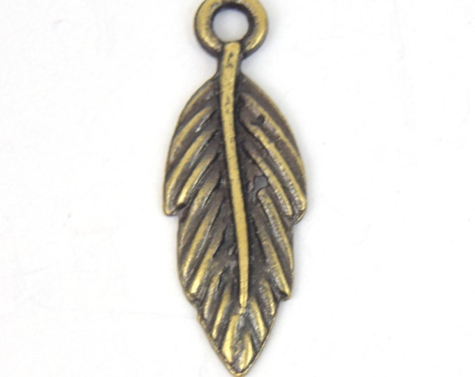 Antique Brass Plated Copper Textured Leaf Charm/Pendant with One Ring- Measuring 8mm x 18mm - Sold Individually, Chosen at Random