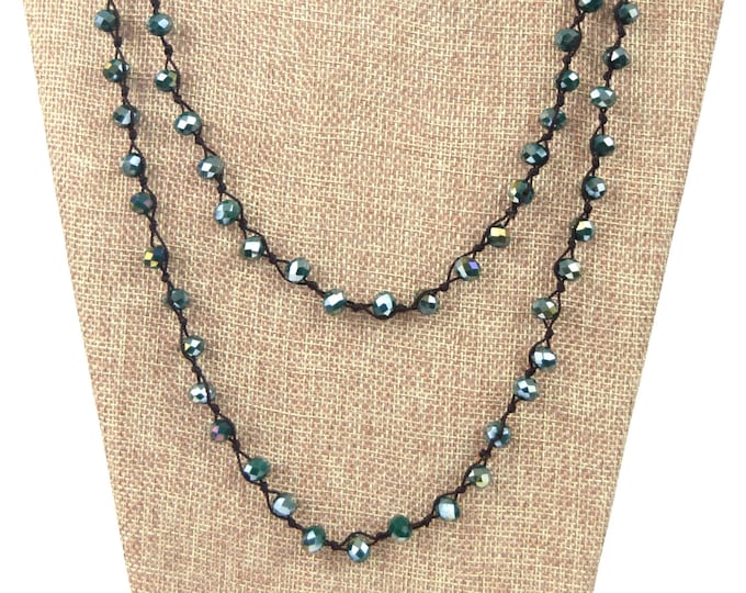 Chinese Crystal Beads | 72" 8mm Opaque AB Deep Teal Rondelle Glass Beads Hand Woven Necklace