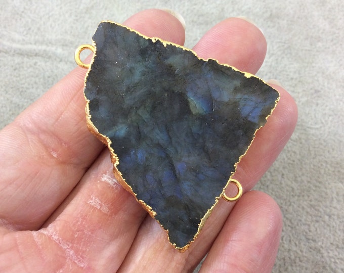 OOAK Gold Plated MATTE Natural Raw Iridescent Rainbow Labradorite Freeform Shaped Slice Connector - Measuring 42mm x 44mm, Approximately