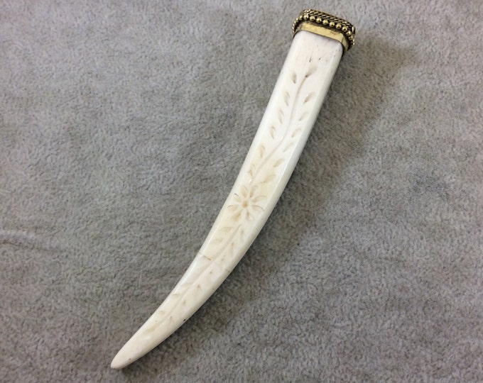 Bone Tusk Pendant | White Floral Carved Squared Ox Bone Pendant