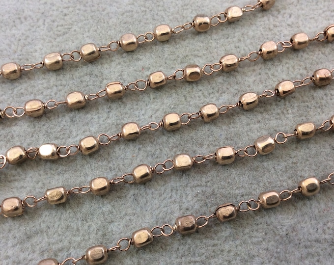 Light Rose Gold Plated Copper Wrapped Rosary Chain with 4mm Plated Copper 3D Square/Cube Shaped Beads - Sold by 1' Cut Sections or in Bulk!