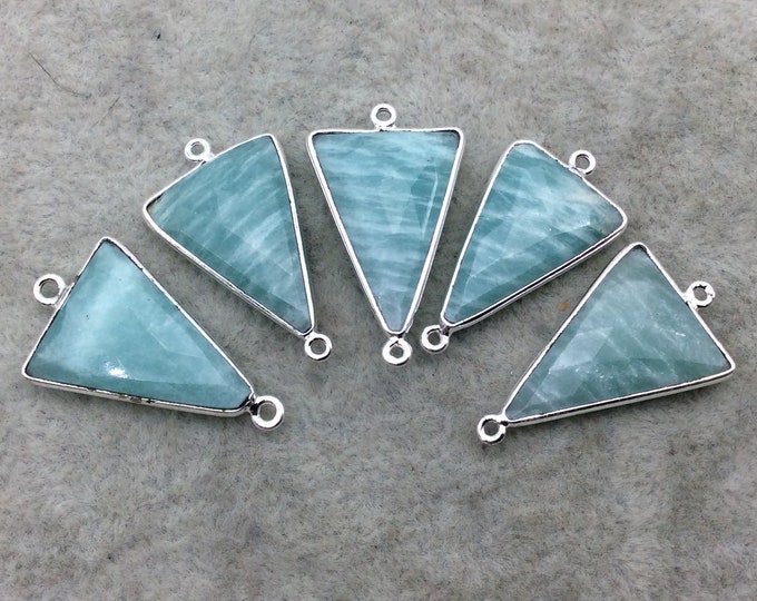 Silver Finish Faceted Green Amazonite Triangle Shape Bezel - Plated Copper Connector Component ~ 15mm x 20mm - Sold Individually
