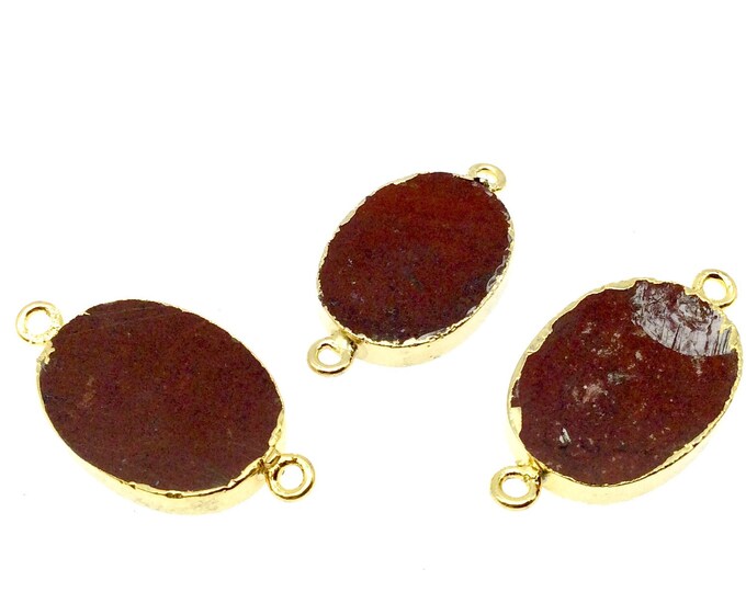 Large Sized Gold Plated Natural Flat Red Jasper Oval Shape Connector - 21-23mm Long Approx. - Sold Per Each, Selected at Random