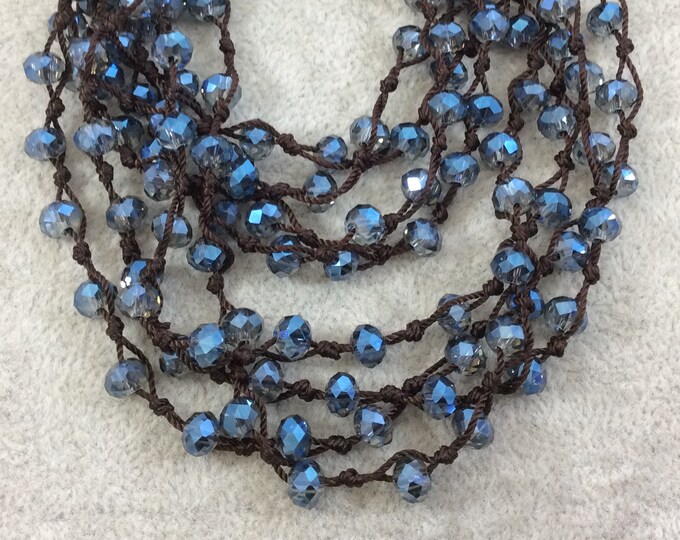 Chinese Crystal Beads | 72" Woven Dark Brown Thread Necklace with 6mm Faceted AB Finish Rondelle Shaped Trans. Dark Denim Blue Glass Beads