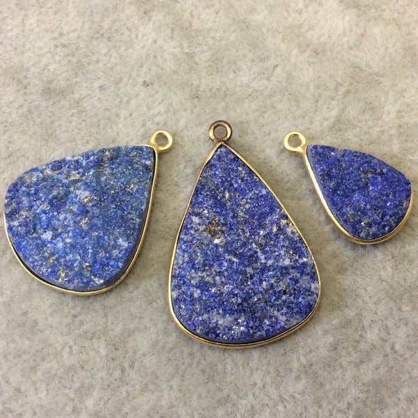 Jeweler's Lot Gold Plated Three Natural Rough/Raw Lapis Lazuli Teardrop Shaped Bezel Pendants "RLL19" ~ 18-30mm Long - Semi-Precious Gem