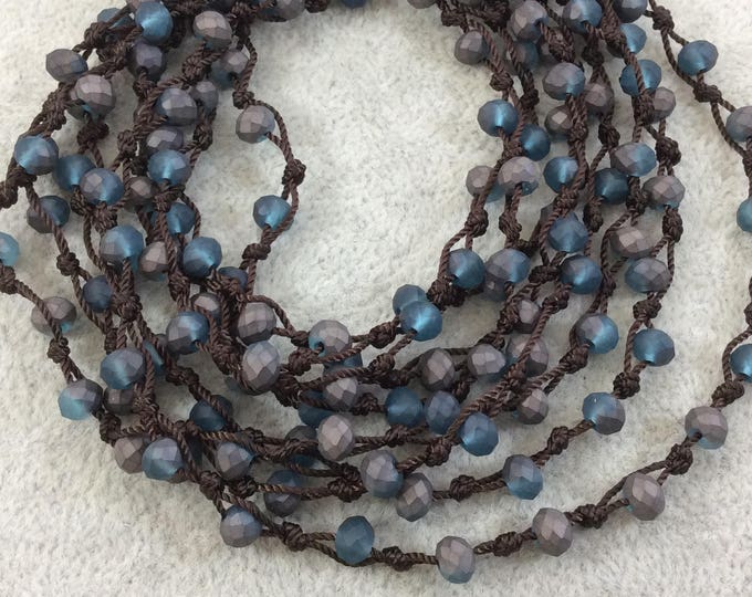 Chinese Crystal Beads | 72" Woven Dark Brown Thread Necklace with 6mm Faceted Matte Finish Rondelle Semi Transparent Black Teal Glass Beads