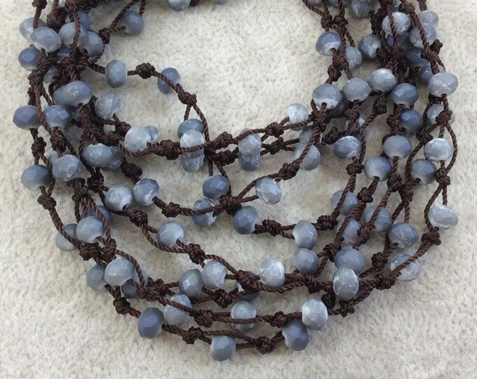 Chinese Crystal Beads | 72" Woven Dark Brown Thread Necklace with 6mm Faceted Matte Finish Rondelle Shaped Opaque Bicolor Denim Glass Beads