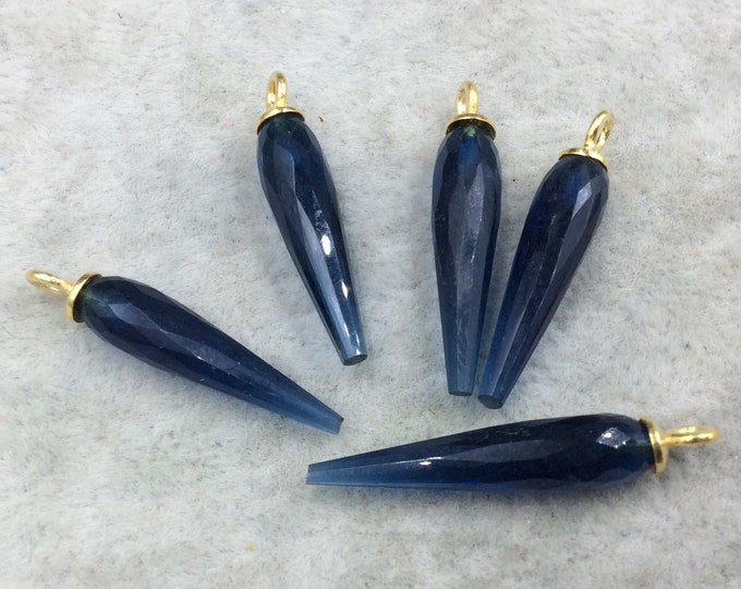 Small Gold Plated Sterling Silver Finish Faceted Spike Transparent Navy Blue Quartz Pendant  ~ 7 x 22-25mm - Sold Per Each, At Random