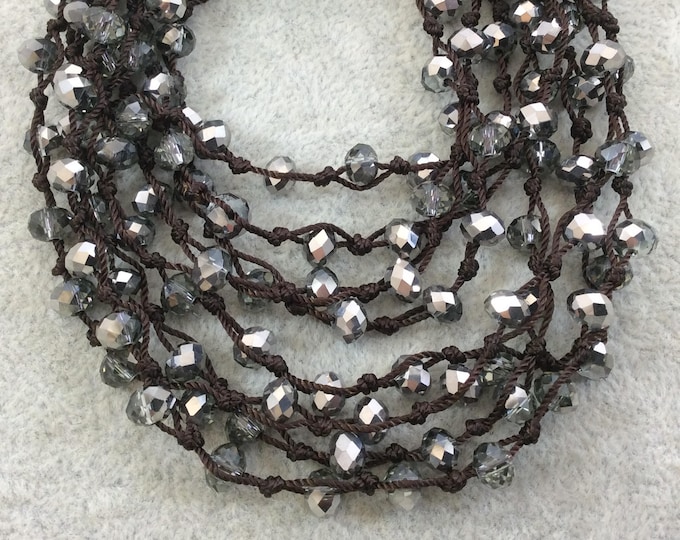Chinese Crystal Beads | 72" Woven Dark Brown Thread Necklace with 6mm Faceted AB Finish Rondelle Shaped Semi Trans. Gray Silver Glass Beads