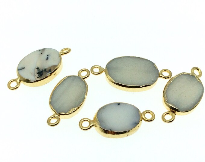 Small Sized Gold Plated Natural Flat White/Green Tree Agate Oval Shape Connector - 12-16mm Long Approx. - Sold Per Each, Selected at Random