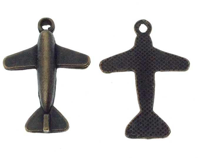 Antique Brass Plated Copper Airplane Pendant with One Ring- Measuring 22mm x 28mm - Sold Individually, Chosen at Random