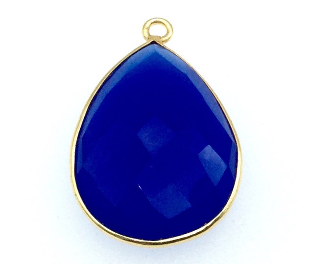Gold Finish Faceted Cobalt Blue Chalcedony Pear/Teardrop Shaped Bezel Pendant Component - Measuring 15mm x 20mm - Natural Gemstone