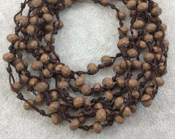 Chinese Crystal Beads | 72" Woven Dark Brown Thread Necklace with 6mm Faceted Matte Finish Rondelle Shaped Opaque Bronze Crystal Glass Beads