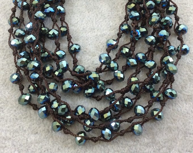 Chinese Crystal Beads | 72" Woven Dark Brown Thread Necklace with 6mm Faceted Metallic Finish Rondelle Shaped Opaque Pine Green Glass Beads