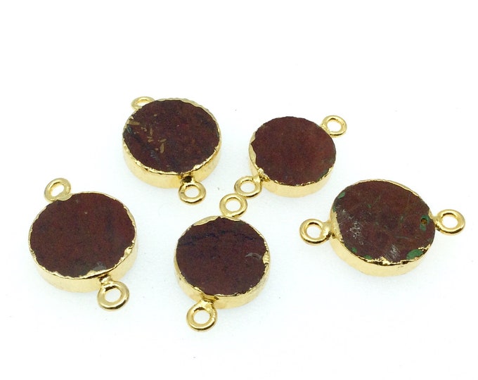 Small Sized Gold Plated Natural Flat Red Jasper Round Shape Connector - 12-15mm Approx. - Sold Per Each, Selected at Random