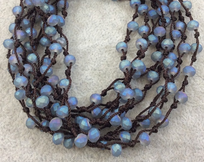 Chinese Crystal beads | 72" Woven Dark Brown Thread Necklace with 6mm Faceted Matte Finish Rondelle Shaped Opaque Blue Aqua Glass Beads