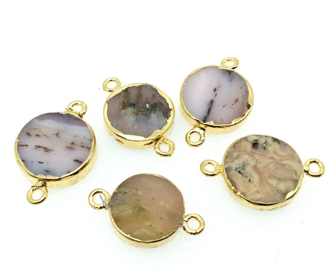 Medium Sized Gold Plated Natural Flat Mixed Pink Agate Round Shape Connector - 15-18mm Approx. - Sold Per Each, Selected at Random