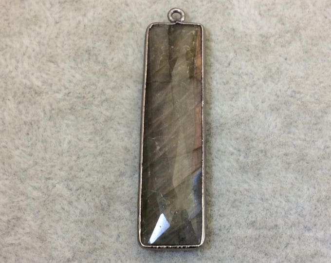 Labradorite Bezel | Gunmetal Plated Faceted Natural Rainbow Rectangle/Bar Shaped Pendant - ~ 10mm x 40mm -Sold Individually, Chosen Randomly
