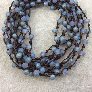 Chinese Crystal beads | 72&quot; Woven Dark Brown Thread Necklace with 6mm Faceted Matte Finish Rondelle Shaped Opaque Blue Aqua Glass Beads