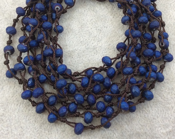 Chinese Crystal Beads | 72" Woven Dark Brown Thread Necklace with 6mm Faceted Matte Finish Rondelle Shaped Opaque Dark Blue Glass Beads