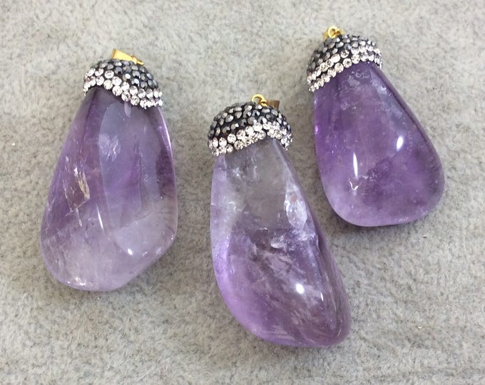 Rhinestone Encrusted Smooth Natural Amethyst Nugget Pendant with Attached Bail - Measuring 35-40mm Long, Approx. - Sold Individually, Random
