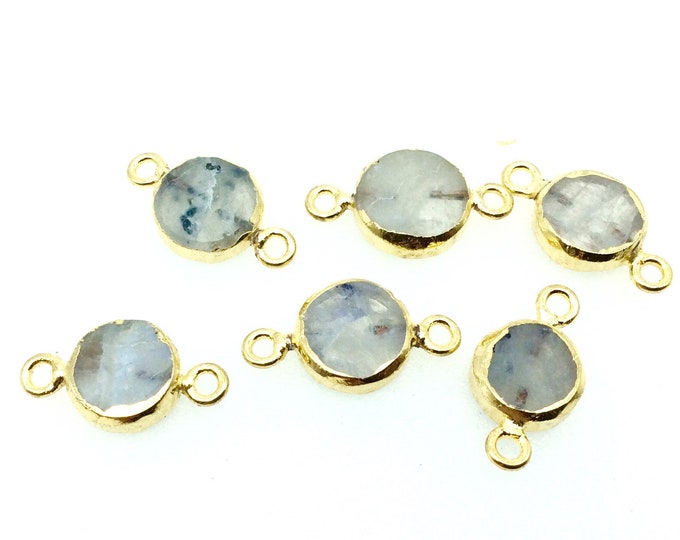 Small Sized Gold Plated Natural Flat White/Green Tree Agate Round Shaped Connector - 12-15mm Approx. - Sold Per Each, Selected at Random