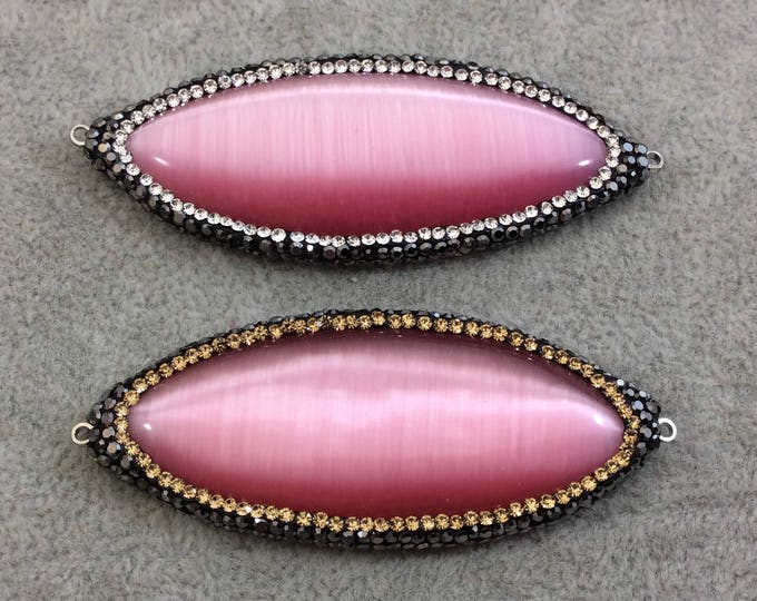 YOU CHOOSE - Pave Rhinestone Pink Cat's Eye Marquise Shaped Connector with White/Gray or Gold/Gray Rhinestones - Measuring 28mm x 69mm