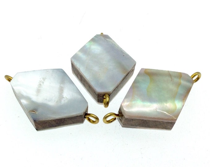 Iridescent White Flattened Diamond Shaped Natural Shell Focal Connector - 23mm x 28mm Approximately - Sold Individually