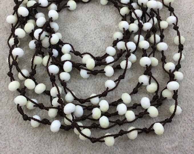 Chinese Crystal Beads | 72" Woven Dark Brown Thread Necklace with 6mm Faceted Matte Finish Rondelle Shaped Opaque Yellow White Glass Beads