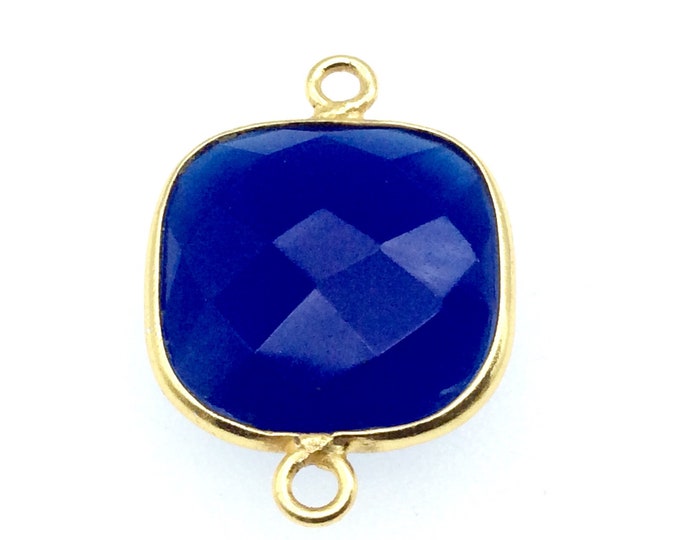 Gold Finish Faceted Cobalt Blue Square Shaped Bezel Two Ring Connector Component - Measuring 15mm x 15mm - Natural Gemstone