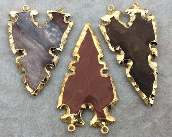 Measuring 45mm x 70mm TR275WBNFA Approximately - 2.75 Warm Brown Notched Arrow Shaped Natural Ox Bone Pendant with Dotted Gold Cap