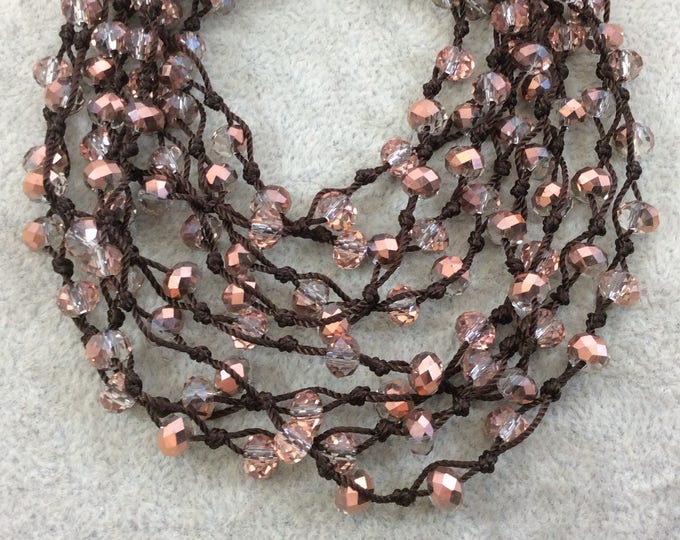 Chinese Crystal Beads | 72" Woven Dark Brown Thread Necklace - 6mm Faceted AB Finish Rondelle Shaped Trans. Bicolor Rose Gold Glass Beads