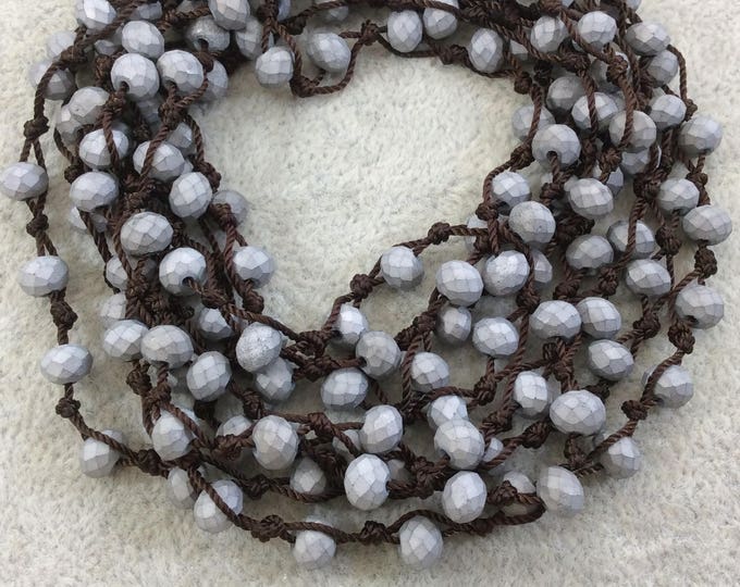 Chinese Crystal Beads | 72" Woven Dark Brown Thread Necklace with 6mm Faceted Matte Finish Rondelle Shaped Opaque Silver Glass Beads