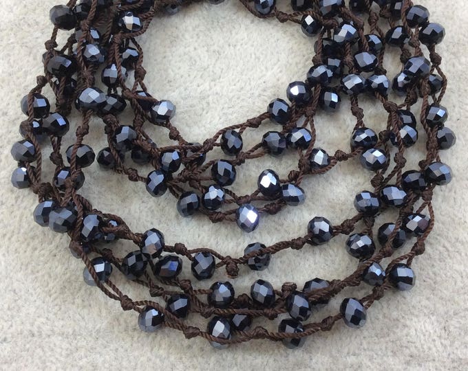 Chinese Crystal Beads | 72" Woven Dark Brown Thread Necklace with 6mm Faceted Metallic Finish Rondelle Shaped Opaque Jet Black Glass Beads