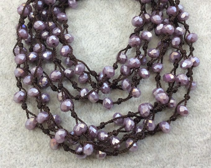 Chinese Crystal Beads | 72" Woven Dark Brown Thread Necklace with 6mm Faceted AB Finish Rondelle Shaped Opaque Plum Purple Glass Beads