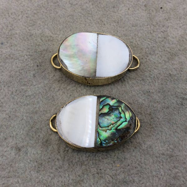 1" Iridescent White/Rainbow Natural Bi-Color Abalone Shell Oval Shaped Gold Plated Bezel Connector - 14mm x 30mm, Approx.