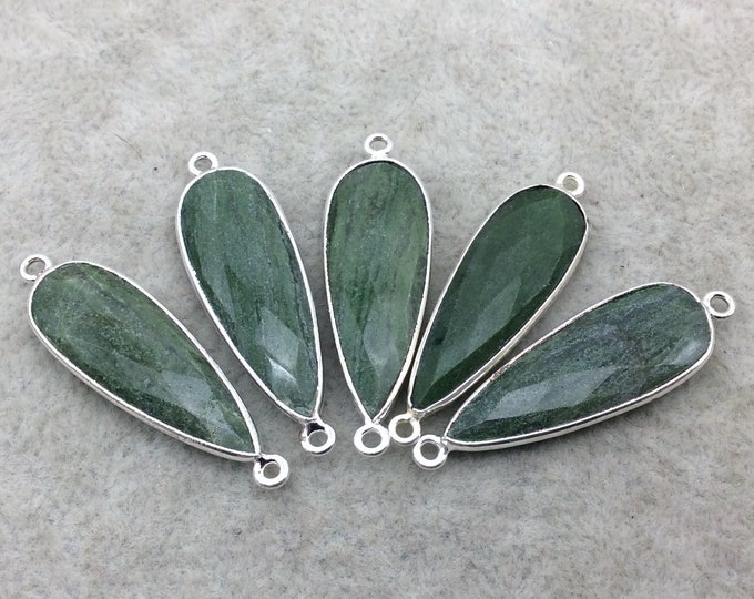 Silver Finish Faceted Green Aventurine Long Teardrop Shape Bezel - Plated Copper Connector Component ~ 10mm x 30mm - Sold Individually