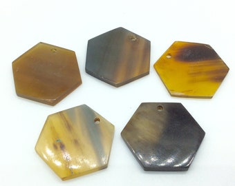 1.25" Semi-Transparent Black/Brown/Tan Hexagon Shaped Lightweight Natural Horn Pendant Component with 2mm Hole - Measuring 30mm x 30mm